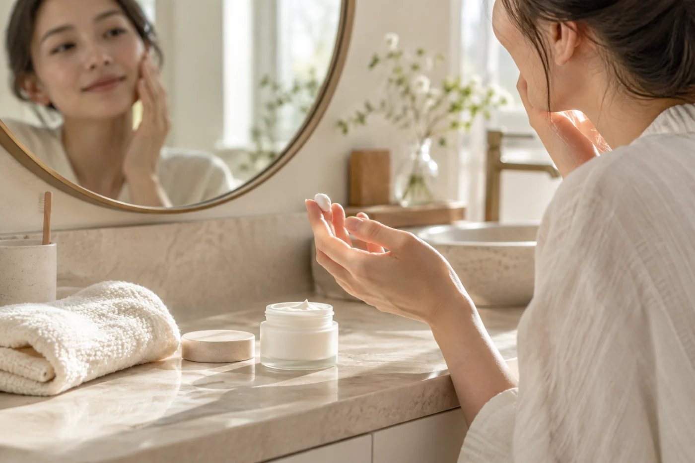 ひとつのクリームで朝のお手入れをする女性のイメージ