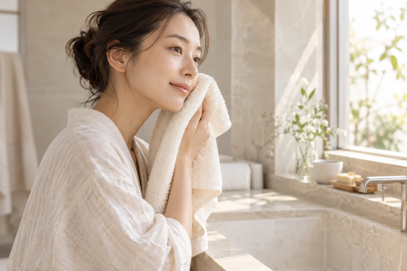 洗顔後に柔らかなタオルを頬へ当てる女性のイメージ