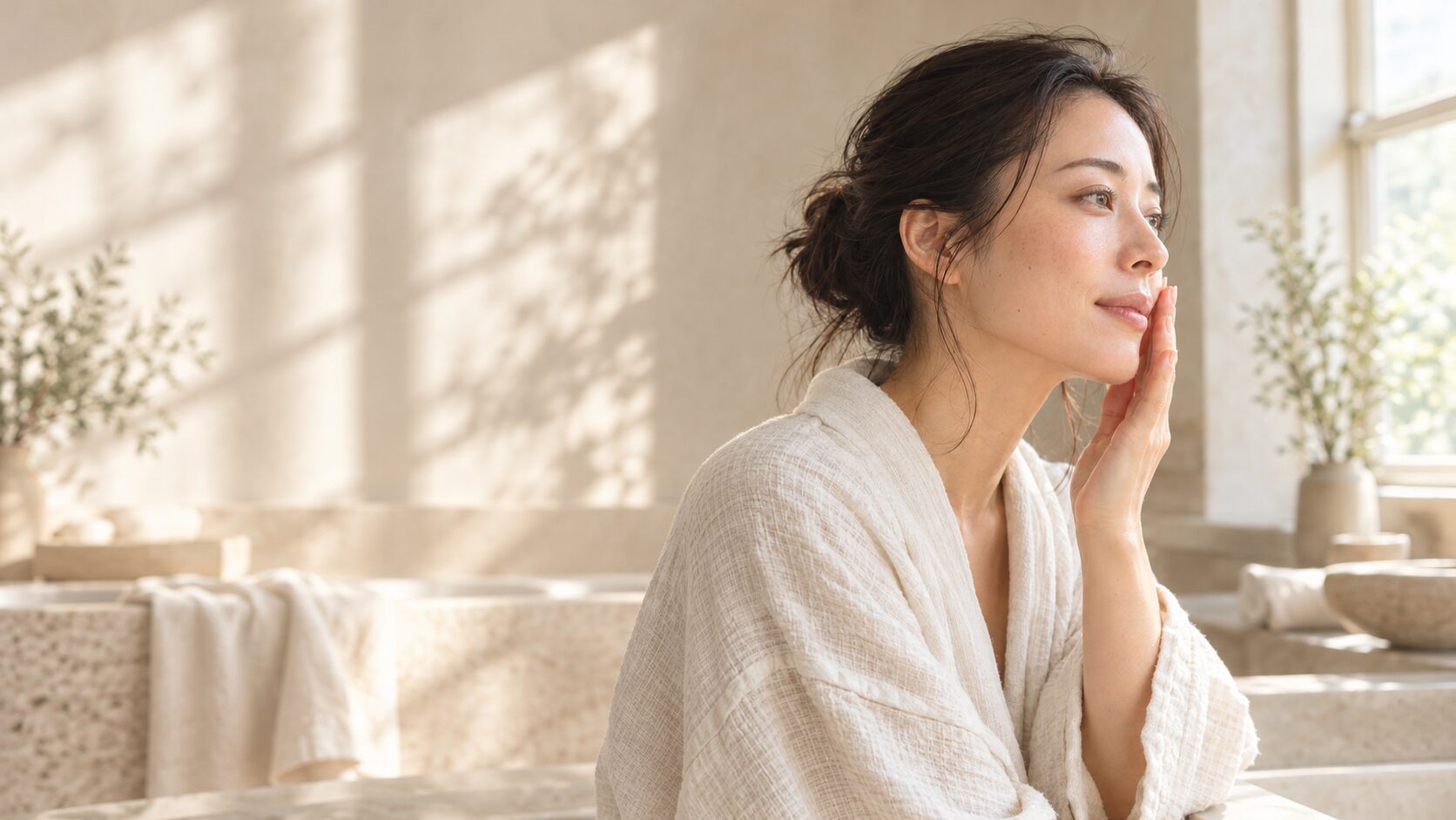 窓辺で頬に手を添える女性のスキンケアイメージ
