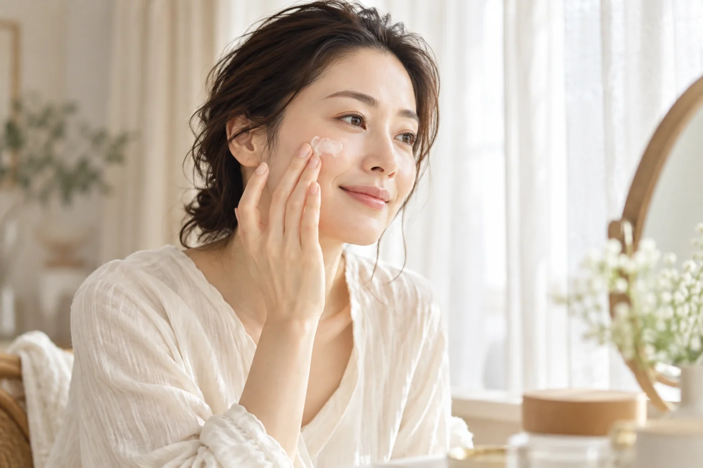 窓辺の鏡の前で頬に保湿クリームをなじませる女性のイメージ